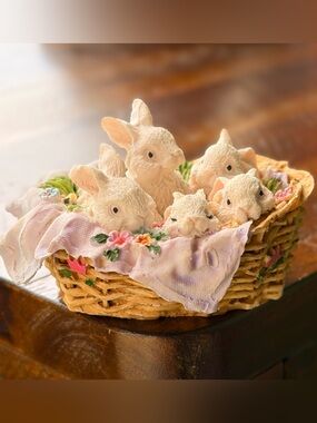 Vintage Cottagecore Bunnies in Wicker Basket with Blanket Figurine Art Decor